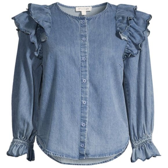Stellah Blouse Women's Size Small Washed Blue Denim (2) rows of Ruffles Preppy - Picture 5 of 5